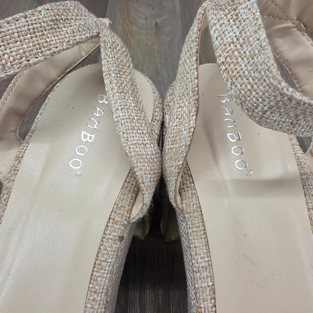 Bamboo Beige Woven Platform Bow Ankle Strap Heels Women‎ Shoes Size 9 - Picture 4 of 11